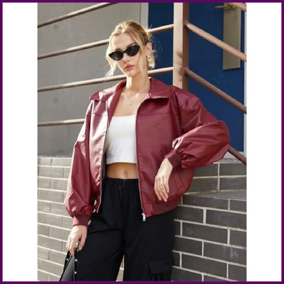 Faux Leather Motorcycle Jacket Lantern Sleeves Zipper Front Pockets - Picture 6 of 8